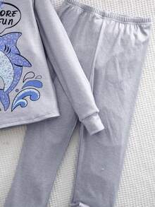 SHEIN Fun Beach Shark Cartoon Snug Fit Smooth Long Sleeve Pajamas For Big Boys, High Elasticity Slim Fit Home Wear 2 Pieces Set - Grey - View 6