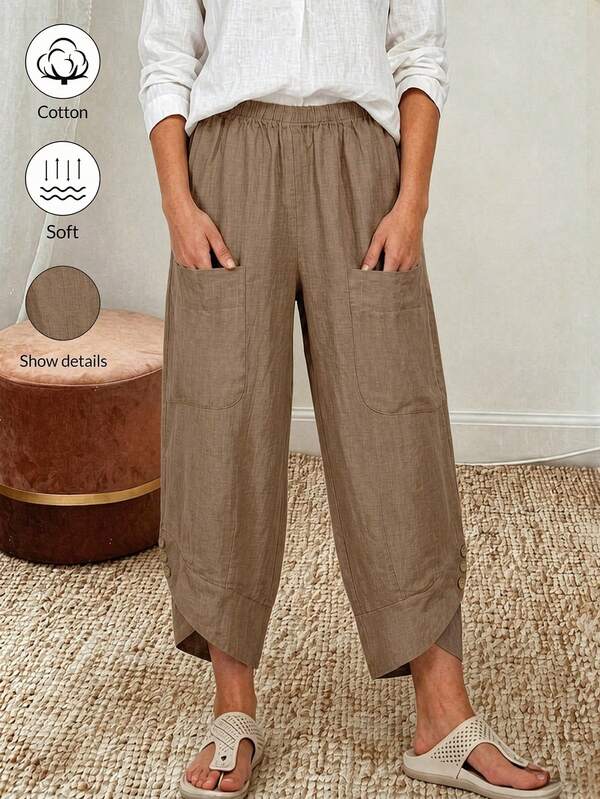SHEIN Holidaya Women's Spring/Summer New Slouchy Casual Vacation Style Army Green Linen Ankle Pants, Linen Blend Fabric, Elastic Waist Design Fits Various Body Types, Loose Silhouette Casual And Relaxed, Dual Pockets And Hem Buttons Add Detail Layers, Army Green Tone Versatile And Timeless, Suitable For Beach Vacation, Daily Outings, Light Casual Scenes, Summer Linen Long Pants, Middle-Aged And Elderly Linen Apparel
