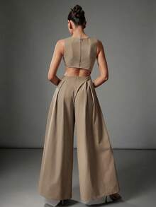 Hauture Sexy Casual Solid Boatneck Gathered Shirred Cut Out Waist Wide Leg Jumpsuit - Khaki - View 3