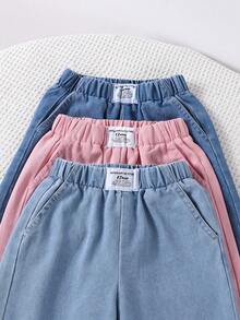 Genkimix Kids Girls' Wide Leg Denim Jeans, All-Season Casual Vintage Style, Light Blue, Medium Blue, Pink, Multicolor, Elastic Waist, Washed Process, Loose Fit - Multicolor - View 4
