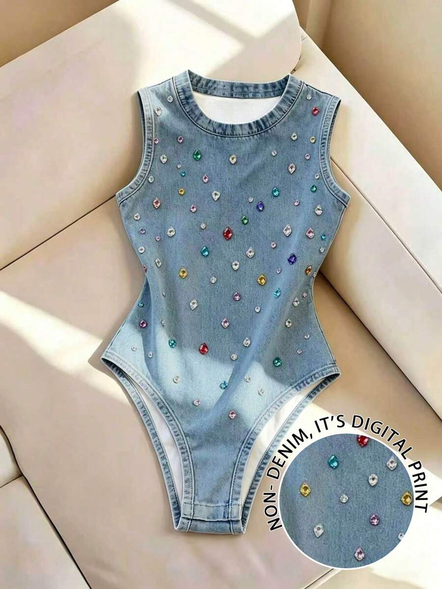 Resyla Plus Size Fully Embellished Colorful Rhinestone Digital Print Fitted Bodysuit Tank Top - Multicolor - View 1