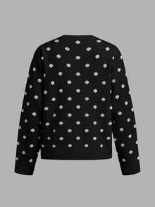 SHEIN BASICS 黑白波點長袖針織開襟衫，法式時髦可愛優雅，休閒約會早午餐日常通勤秋季穿搭 - 黑色 - 查看 2