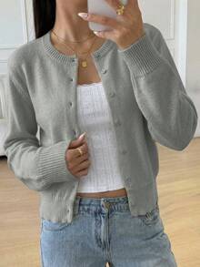 SHEIN 青少年女孩純色單排扣休閒百搭日常穿搭開襟衫 - 灰色 - 查看 1