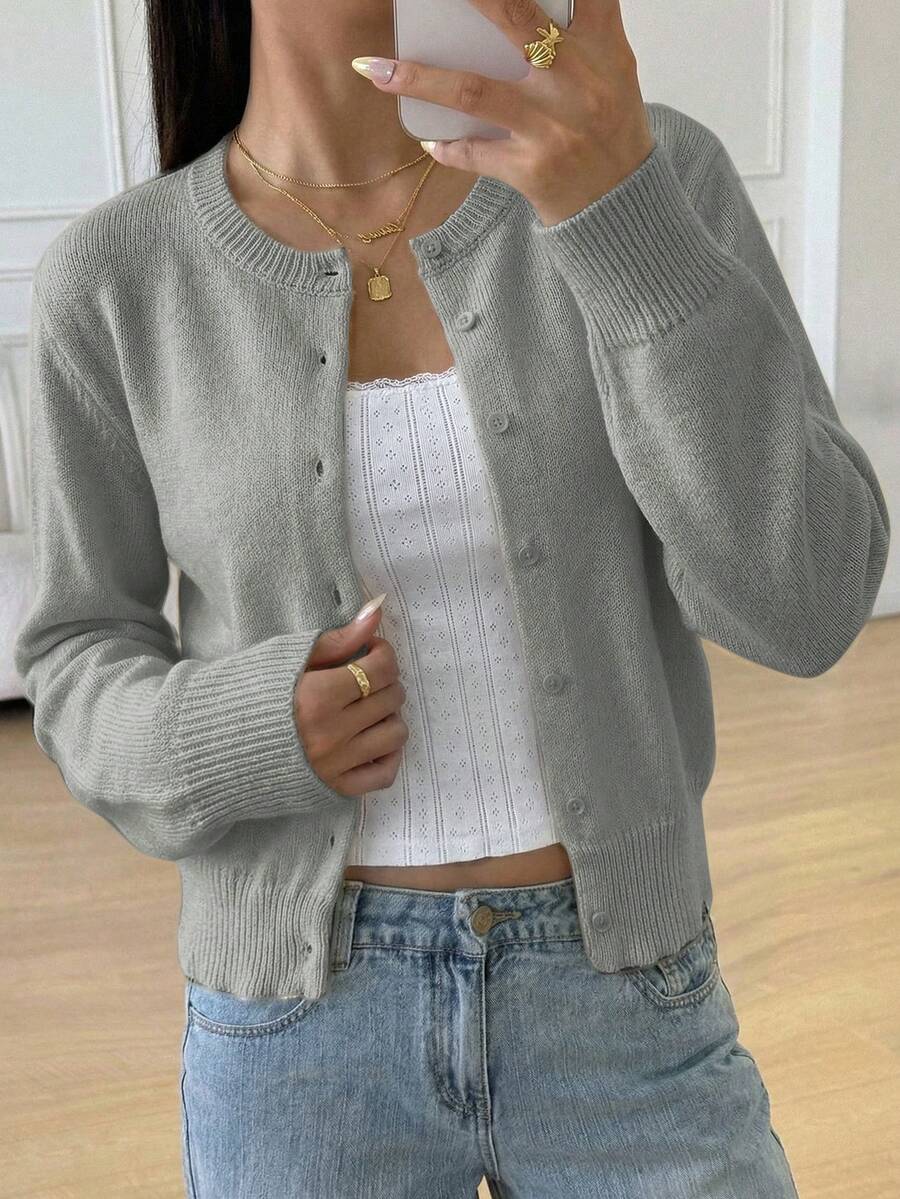 SHEIN 青少年女孩純色單排扣休閒百搭日常穿搭開襟衫 - 灰色 - 查看 1
