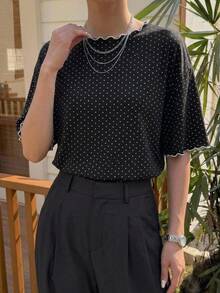 FRIFUL Women's Wavy Striped Loose Contrast Trim Short Sleeve T-Shirt, Summer Casual Wear - Black - View 2