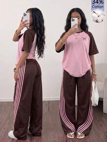 SHEIN Sparklyn 青少年女孩 2件組 短袖圓領休閒甜酷混搭風街頭穿搭 夏季返校畢業季 粉綠配色 - 彩色 - 查看 1