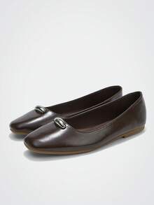 Maija Dark Brown Square Toe Metal Buckle Flat Shoes, Commuting, Dating, Light Business And Other Occasions - dark brown - View 2
