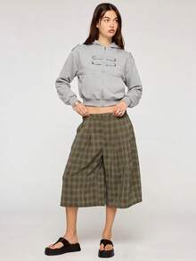 COUREZ 女士超大格纹牛仔短裤夏季穿搭，适合度假/街头休闲/Y2K/休闲音乐节 - 咖啡棕 - 查看 4