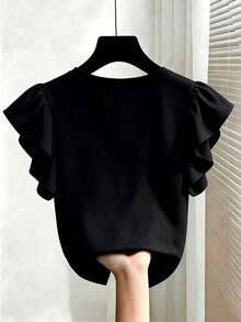EMERY ROSE Camiseta de manga corta con cuello en V y ribete de volantes, elegante estilo francés, talla grande, corte ceñido - Multicolor - Ver 2