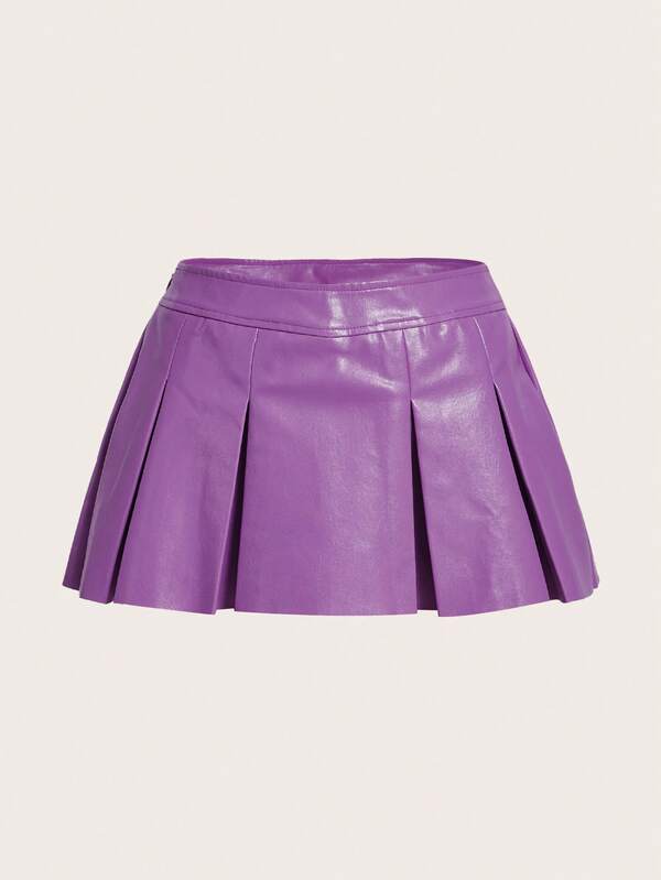 SHEIN ICON 素色PU皮革百褶半身裙