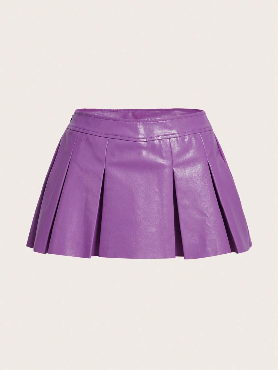 SHEIN ICON 素色PU皮革百褶半身裙 - 紫色 - 查看 1