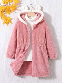 SHEIN 女童長袖前開拉鍊 3D耳朵裝飾可愛連帽秋冬外套 - 粉色 - 查看 11