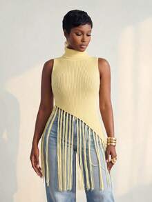 BamGlimmer Women's Solid Color High Neck Tassel Hem Sleeveless Knit Top - Yellow - View 5