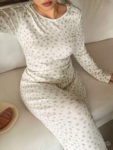 Dazy Plus 2pcs/Set Ditsy Floral Casual Slim Fit Long Sleeve Top & Pants Pajama Set, Spring/Autumn - White - View 3