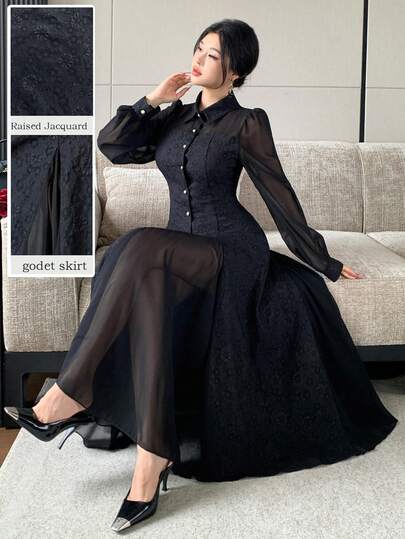 Modelyn French Style Shirt Collar Patchwork Insert Design Women's Dress