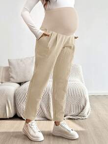 SHEIN 可調腰圍休閒百搭日常穿著孕婦長褲 秋季 - 卡其色 - 查看 3