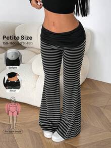 SHEIN PETITE 女款條紋拼接摺腰喇叭褲 - 彩色 - 查看 4