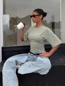 Muchica Women's Knit All-Match Fashion Versatile Batwing Sleeve T-Shirt - Olive Green - View 4