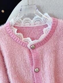 GlowEve Women's Casual Lace Trim Cardigan, Autumn/Winter - Baby Pink - View 4