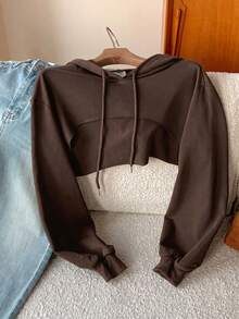 SHEIN EZwear 抽繩細節超短版休閒衛衣－黑白配色，長袖上衣，秋冬巧克力棕色衛衣 - 巧克力棕 - 查看 6