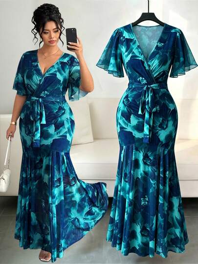 Elenzga Plus-Size Elegant Double-Layered Mesh Floral Digital Print Short Ruffle Sleeve Knit Dress For Women; Elegant And Delicate Mesh V-Neck Slim-Fit Bodycon Dress With Bow Belt; Suitable For Vacation, Spring, Summer, Women's Outfits, Elegant Dresses For Parties And Beaches.