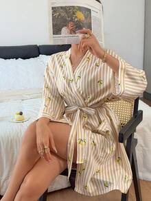 Napfluff Lemon Print Vertical Stripe Pocket Design Casual Kimono Style Tie-Front Robe - Yellow - View 6