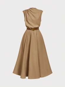 Firerie Kids NovaGlow Tween Girl Tween Girls Casual Chic Commuter Stand Collar Flounce Waist Khaki A-Line Dress - Khaki - View 6