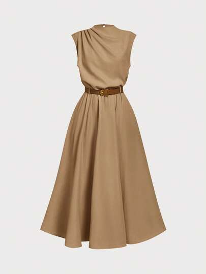 Firerie Kids NovaGlow Tween Girls Casual Chic Commuter Stand Collar Flounce Waist Khaki A-Line Dress