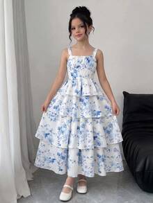 Firerie Kids 少女复古优雅蓝色碎花吊带连衣裙，休闲夏季连衣裙，适合外出、海滩、度假 - 藍色 - 查看 1