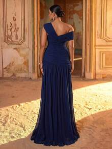 Glamrae Plus Size New Elegant Deep Royal Blue Mesh One-Shoulder Ruched Slimming Asymmetrical A-Line Skirt With High Slit For Wedding Bridesmaid Formal - Blue - View 4