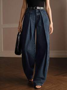 Anewsta Women's Autumn/Winter Modern Retro High-Waist Double Pleated Hip-Flattering Slimming Curved Floor-Length Jeans In Deep Blue Washed - Blue - View 2