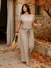 SHEIN Frenchy Plus Size Summer Casual Striped Shirt And Pants 2 Pieces Set - Khaki - View 3