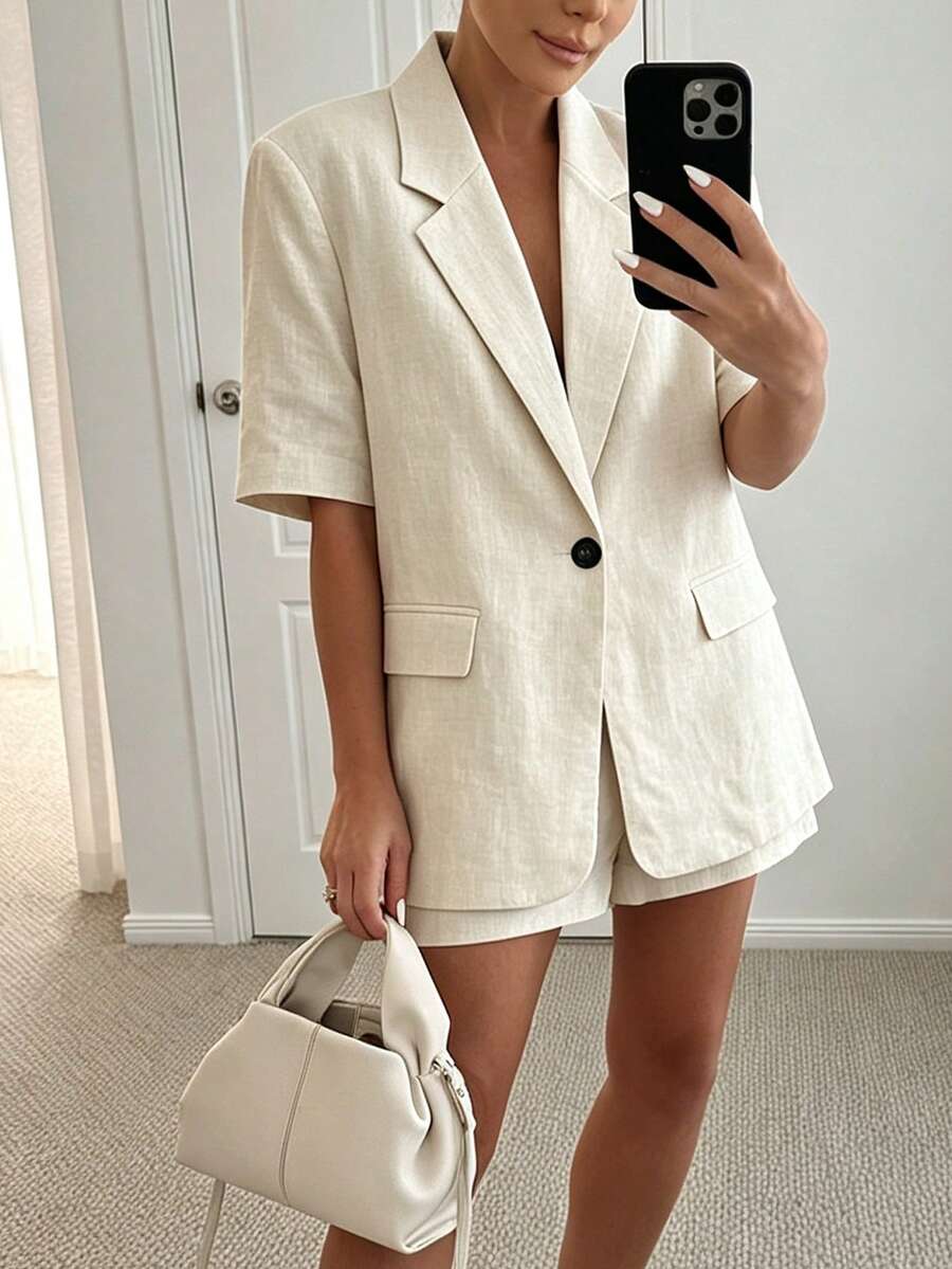SHEIN PariChic 女款米色單扣翻領短袖輕便西裝外套 - 米色 - 查看 1