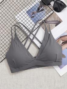 SHEIN Cheerettes Women's Plus Size Solid Color Criss-Cross Back Sports Bra Gray Double Layer Removable Pads Strappy Open Back Comfortable Support For Yoga Gym Sujetado - Dark Grey - View 2