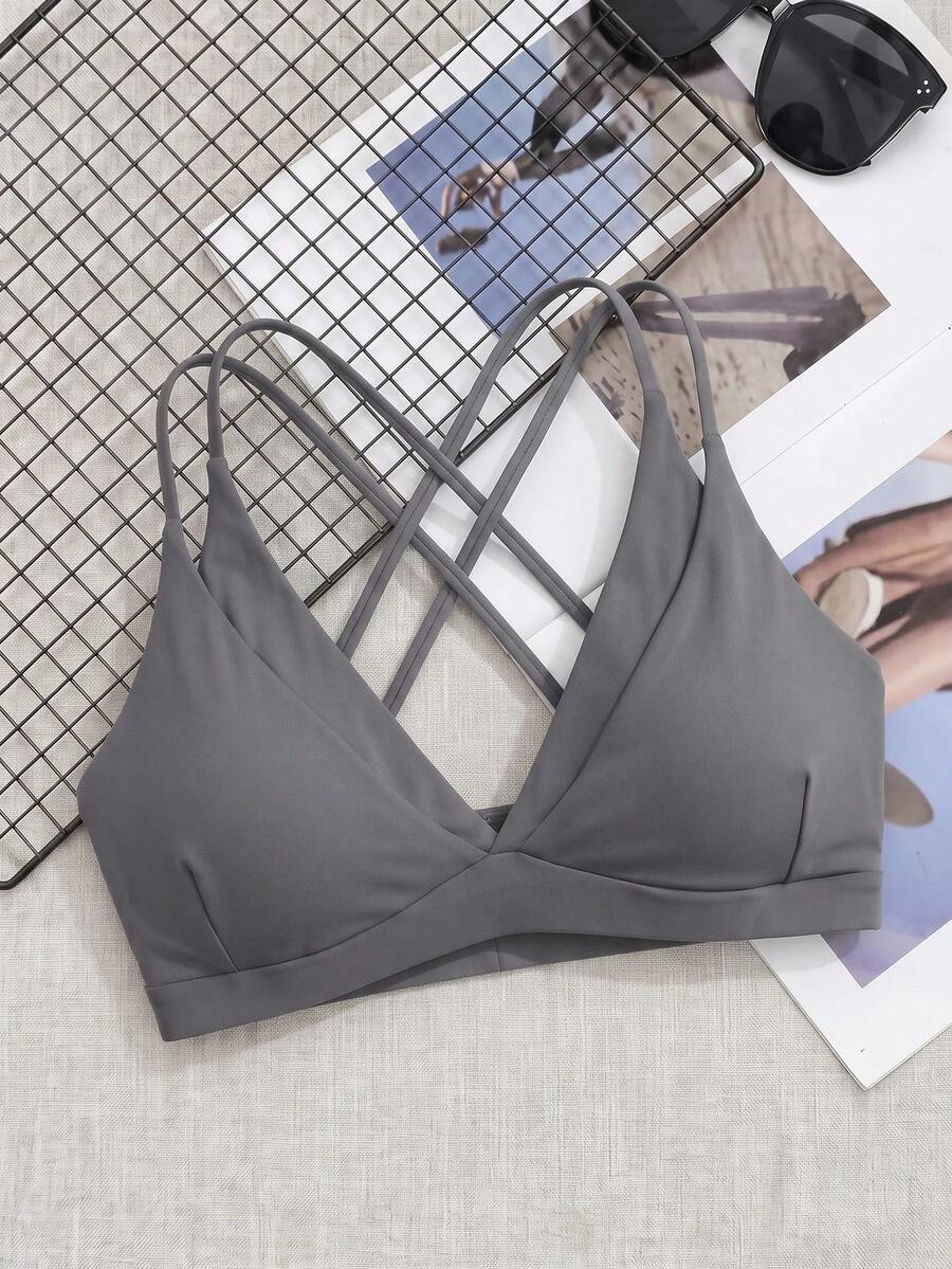 SHEIN Cheerettes Women's Plus Size Solid Color Criss-Cross Back Sports Bra Gray Double Layer Removable Pads Strappy Open Back Comfortable Support For Yoga Gym Sujetado