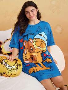 GARFIELD | SHEIN 大尺碼女款字母印花短袖休閒睡裙 - 藍色 - 查看 3