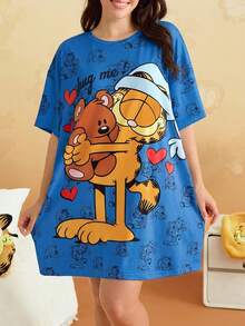 GARFIELD | SHEIN 大尺碼女款字母印花短袖休閒睡裙 - 藍色 - 查看 6