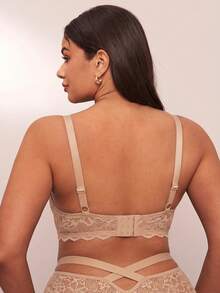 SHEIN BAE 1 件大码女士蕾丝拼布钢圈文胸，舒适，提升 - 棕色 - 查看 2