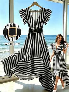 SHEIN Franclia 女款黑白格紋夏季優雅度假連衣裙，V領荷葉袖附腰帶，不對稱長款派對洋裝 - 黑色 - 查看 7