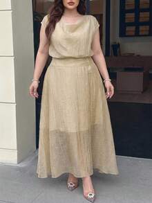 Feyla Plus Size Women Solid Color Short Sleeve Top And Skirt Casual Everyday 2-Piece Set - Khaki - View 7