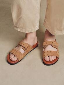 Solecia Women's Shoes Summer New Rivet Double Broadband Design Open-Toed Flat Bottom Comfortable Casual  Women's Slippers Shopping Coffee Date Wear - Brown - View 2