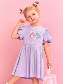 HELLO KITTY AND FRIENDS | SHEIN 少女休閒可愛心形圖案&卡通角色印花泡泡袖a字裙 - 紫色 - 查看 3