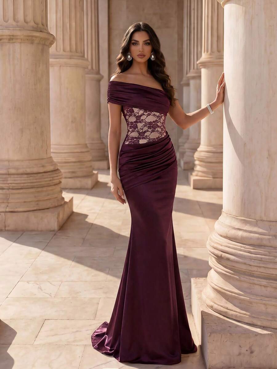 Coutiva Vestido de noche formal elegante de mujer con parches de encaje y fruncido en la cintura - Burdeos - Ver 1