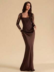 SHEIN BAE Brown Lace Halter Neck High Slit Dress, Suitable For Cocktail Party, Romantic Date, Party, Wedding Bridesmaid Dress, Evening Out Dress - Brown - View 7