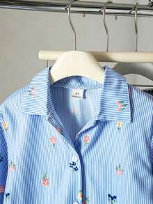 SHEIN Genkimix Kids 女童仿刺繡圖案藍白條紋印花襯衫，清新輕盈設計，領口長袖寬鬆休閒襯衫，花卉圖案，春/秋休閒襯衫 - 藍色 - 查看 3