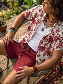 Genlund Plus Size Men Floral Print Single-Breasted Short Sleeve Top And Pocket Shorts Beach Outfit, Holiday - Burgundy - View 3