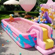 Vibrant Pink Striped Inflatable Swimming Pool , Super Large Family Adult Inflatable Pool, Outdoor Water Play Gadget, Ideal For Summer Garden Fun, Rectangular Pvc Swimming Pool, - A - View 2