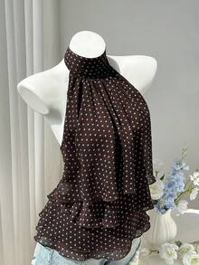 SHEIN EZwear 女款春夏秋棕色與藍色波點印花雪紡中領掛脖綁帶露背荷葉邊層次感上衣，優雅通勤辦公室復古休閒購物約會日常出遊百搭 - 棕色 - 查看 4