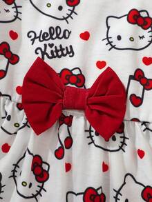 HELLO KITTY AND FRIENDS | SHEIN Baby Girl Round Neck Bow Decor All-Over Print Casual Vacation Travel Dress - White - View 4