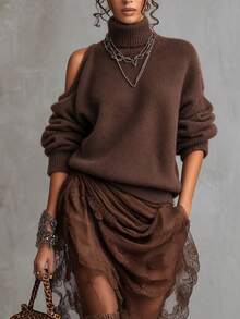 SHEIN Fiorisel Women's Autumn/Winter High Neck Solid Color Casual Loose Pullover Sweater Off-Shoulder Knit Top - Brown - View 1